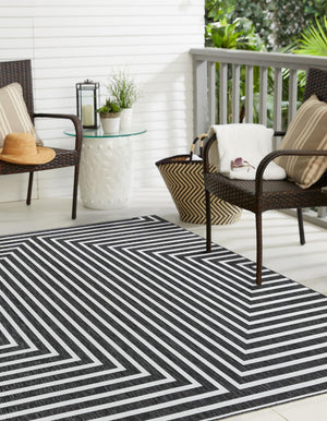 Black and White 7' 10 x 7' 10 Outdoor Modern Square Area Rug Weather Resistant for Patio, Deck, Terrace, Balcony, Porch 100% Polypropylene Modern Outside Carpet for Sale at Rug Engine