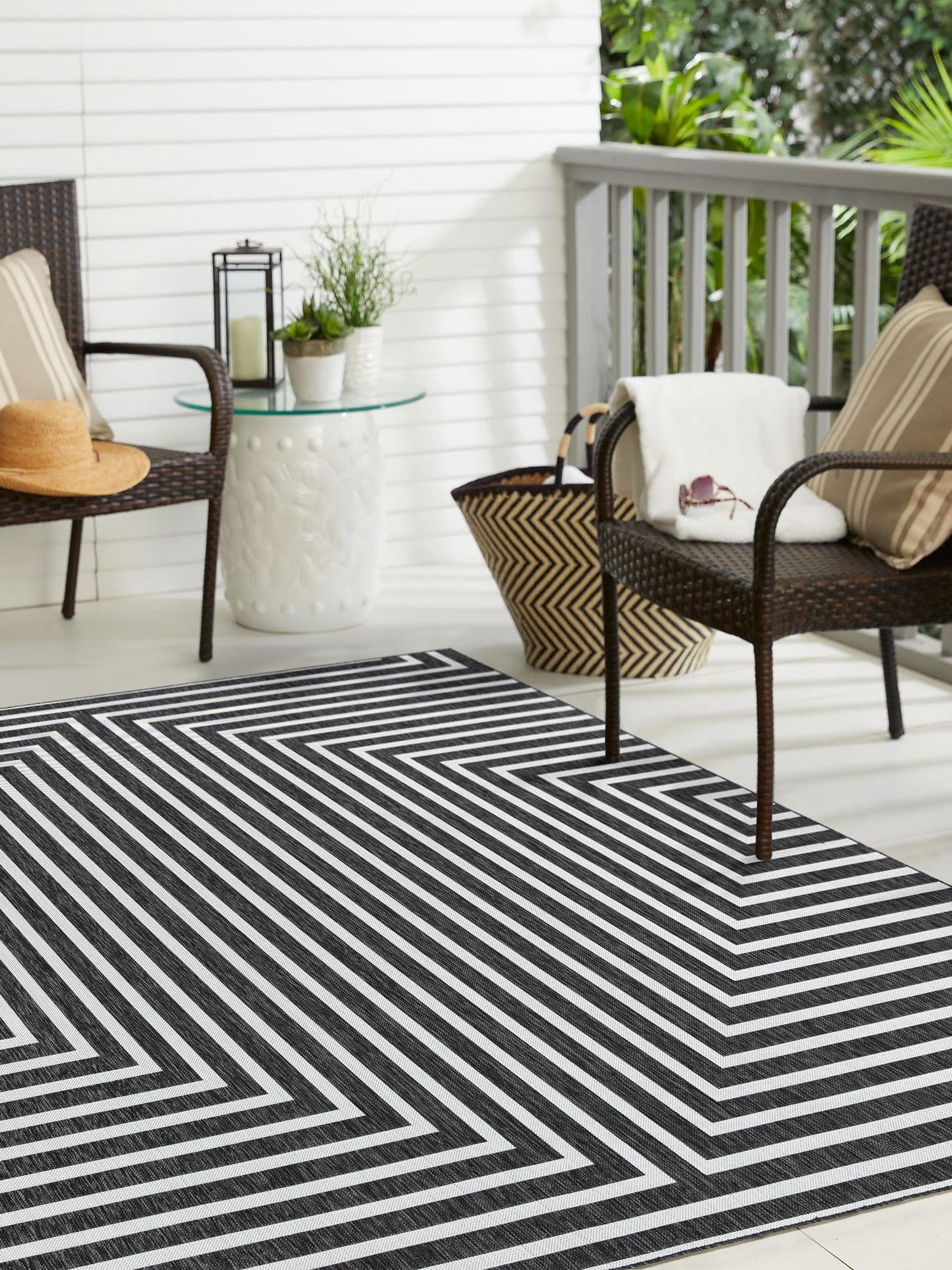 Black and White 12' x 12' Outdoor Modern Square Area Rug Weather Resistant for Patio, Deck, Terrace, Balcony, Porch 100% Polypropylene Modern Outside Carpet for Sale at Rug Engine