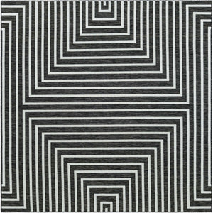 Black and White 7' 10 x 7' 10 Outdoor Modern Square Area Rug Weather Resistant for Patio, Deck, Terrace, Balcony, Porch 100% Polypropylene Modern Outside Carpet for Sale at Rug Engine