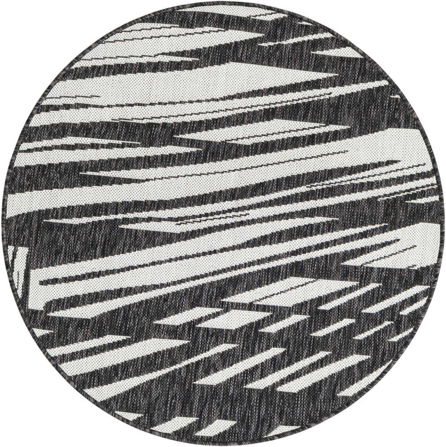 Black and White 3' 1 x 3' 1 Outdoor Modern Round Area Rug Weather Resistant for Patio, Deck, Terrace, Balcony, Porch 100% Polypropylene Modern Outside Carpet for Sale at Rug Engine
