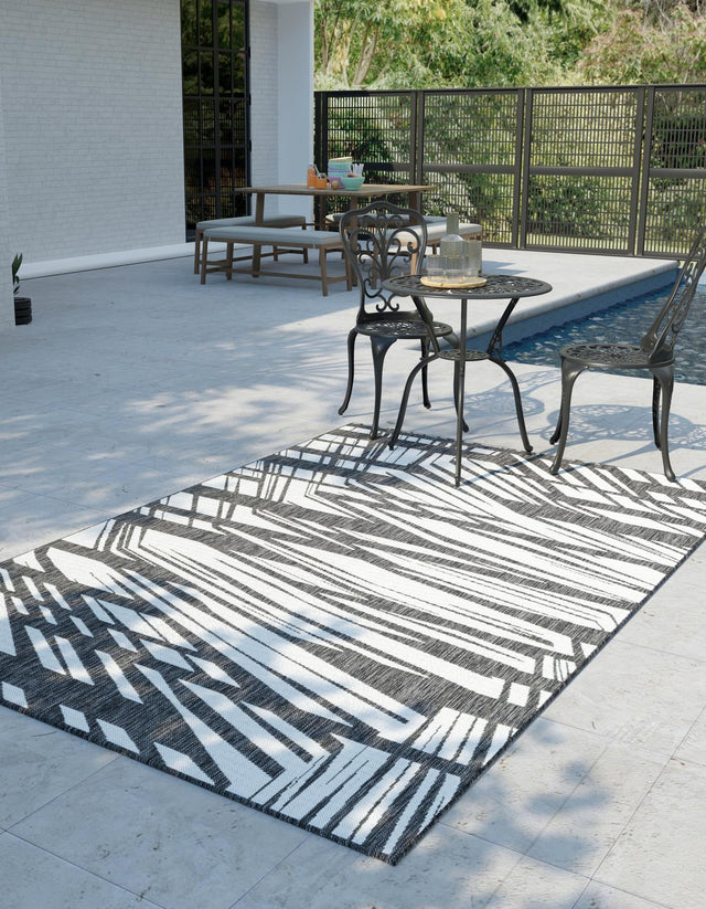 Black and White 7' 10 x 10' Outdoor Modern Rectangle Area Rug Weather Resistant for Patio, Deck, Terrace, Balcony, Porch 100% Polypropylene Modern Outside Carpet for Sale at Rug Engine