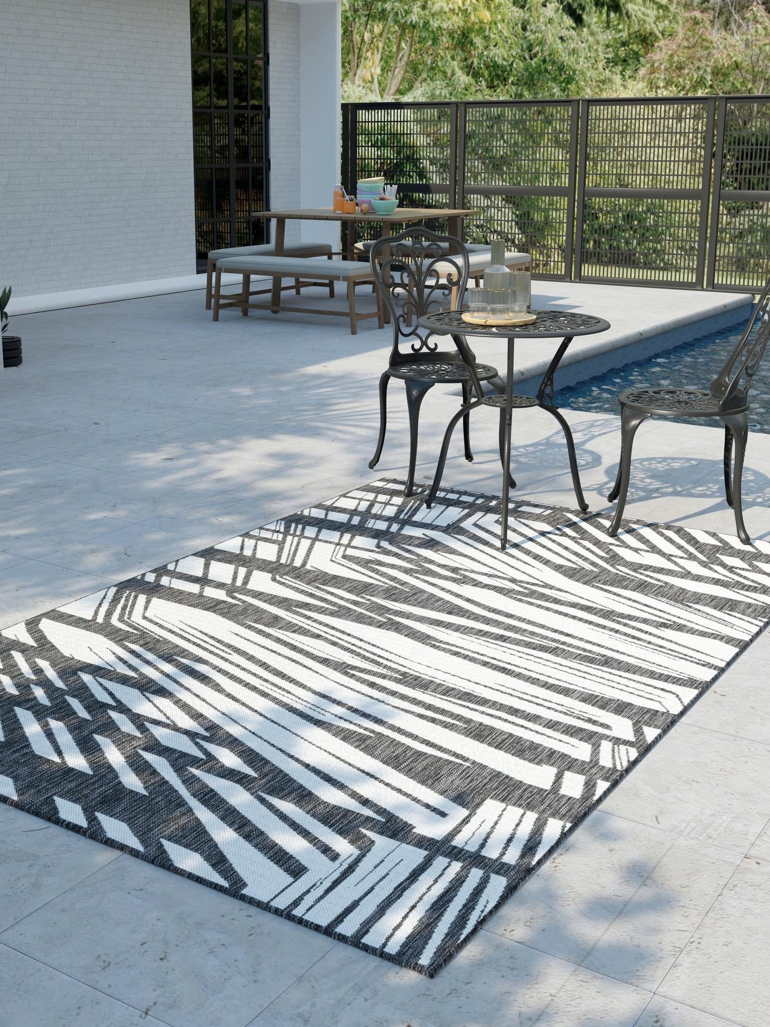 Black and White 5' 3 x 8' Outdoor Modern Rectangle Area Rug Weather Resistant for Patio, Deck, Terrace, Balcony, Porch 100% Polypropylene Modern Outside Carpet for Sale at Rug Engine