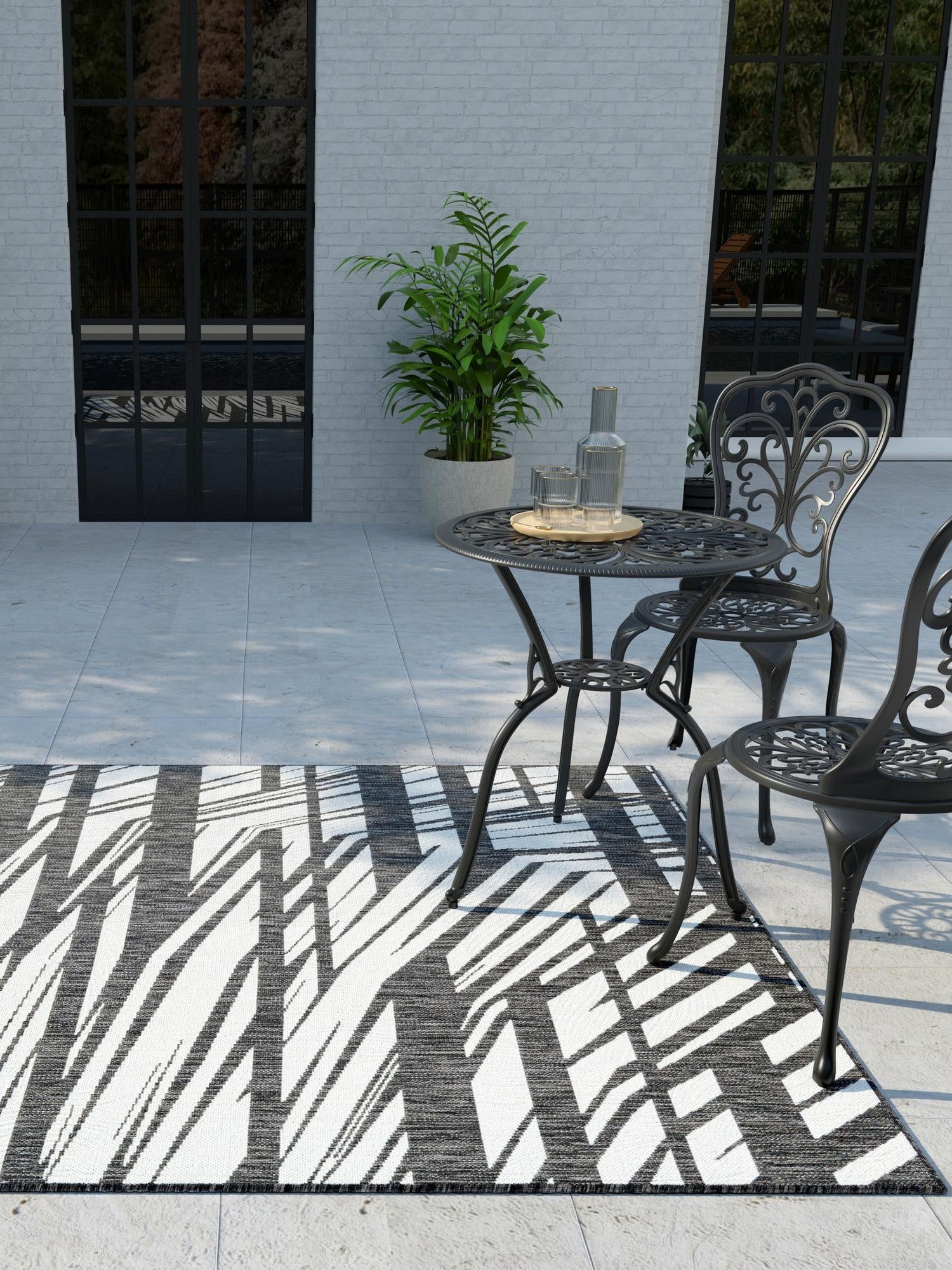Black and White 7' 1 x 10' Outdoor Modern Rectangle Area Rug Weather Resistant for Patio, Deck, Terrace, Balcony, Porch 100% Polypropylene Modern Outside Carpet for Sale at Rug Engine