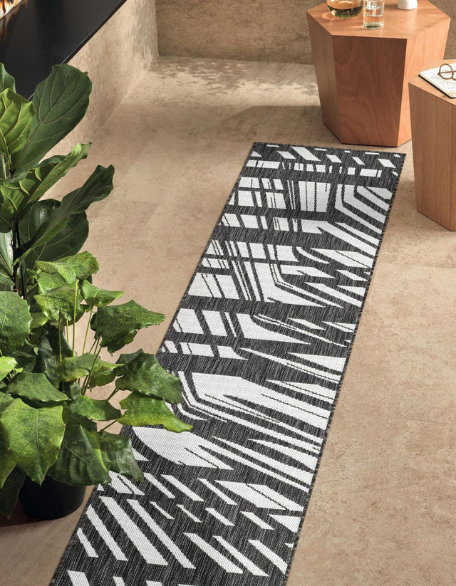 Black and White 2' x 8' Outdoor Modern Runner Area Rug Weather Resistant for Patio, Deck, Terrace, Balcony, Porch 100% Polypropylene Modern Outside Carpet for Sale at Rug Engine