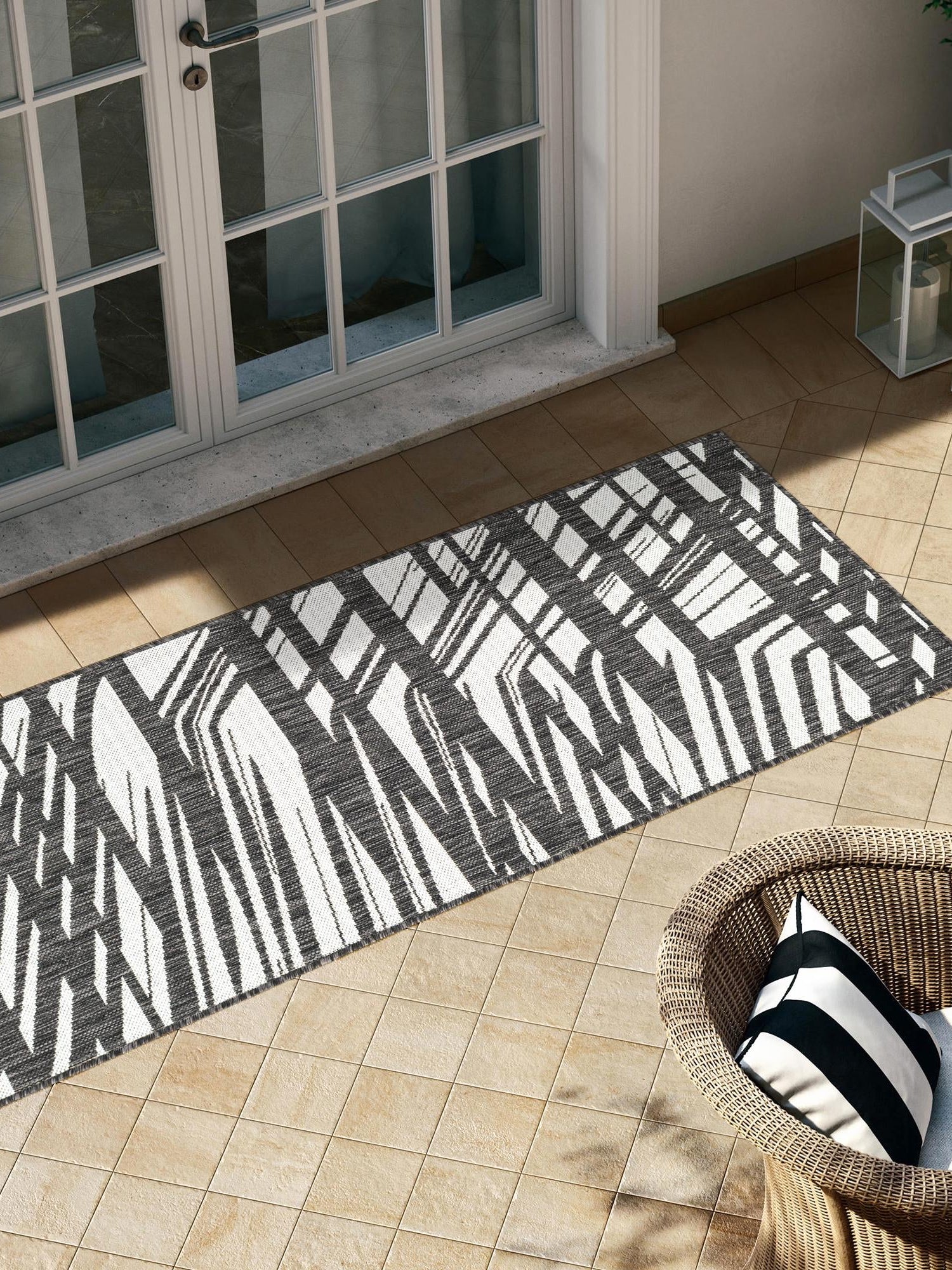 Black and White 2' 7 x 12' Outdoor Modern Runner Area Rug Weather Resistant for Patio, Deck, Terrace, Balcony, Porch 100% Polypropylene Modern Outside Carpet for Sale at Rug Engine