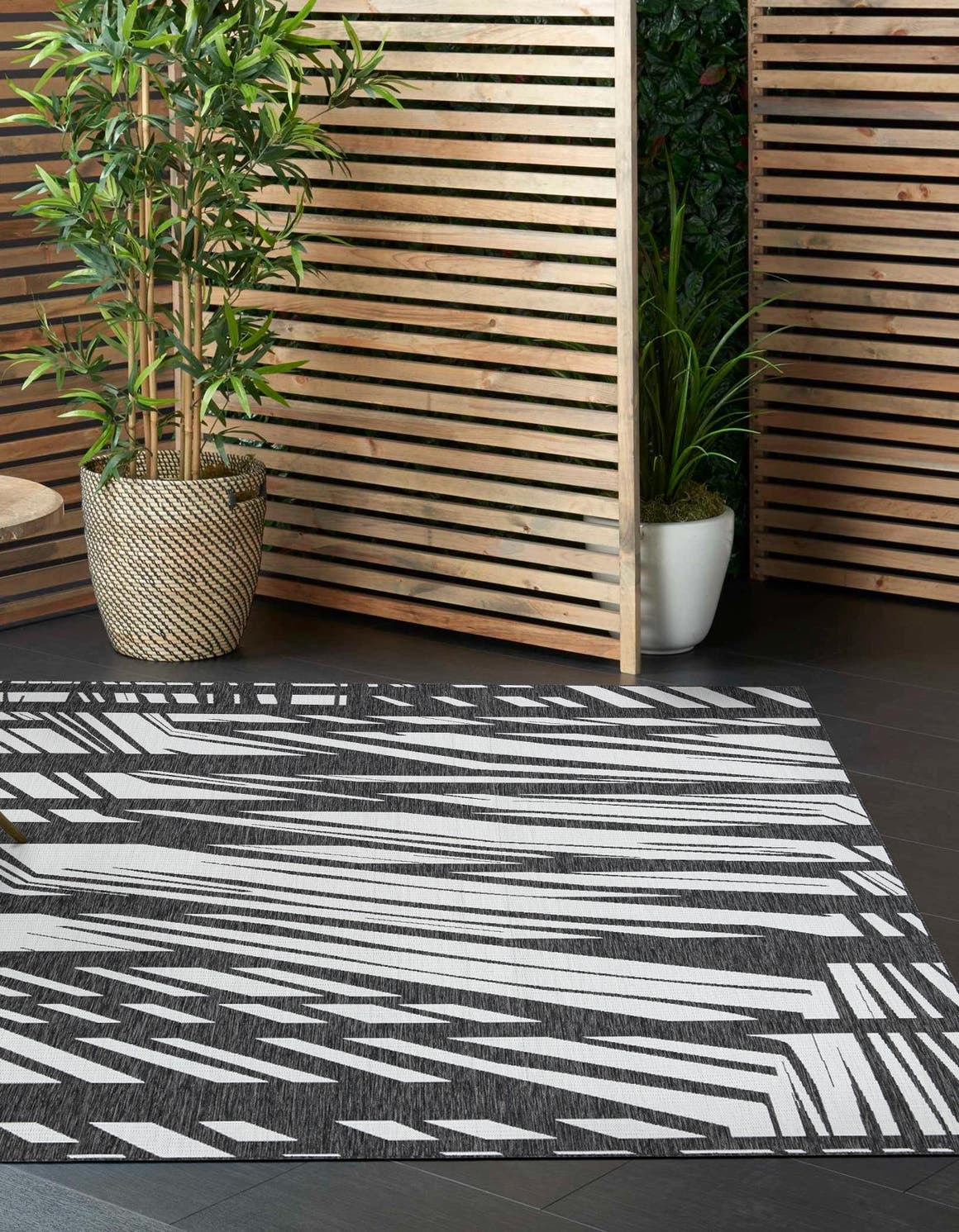 Black and White 7' 10 x 7' 10 Outdoor Modern Square Area Rug Weather Resistant for Patio, Deck, Terrace, Balcony, Porch 100% Polypropylene Modern Outside Carpet for Sale at Rug Engine