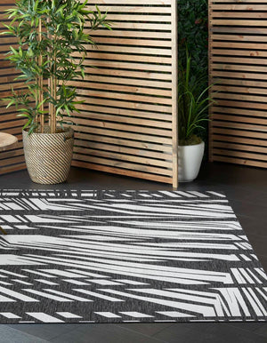 Black and White 7' 10 x 7' 10 Outdoor Modern Square Area Rug Weather Resistant for Patio, Deck, Terrace, Balcony, Porch 100% Polypropylene Modern Outside Carpet for Sale at Rug Engine