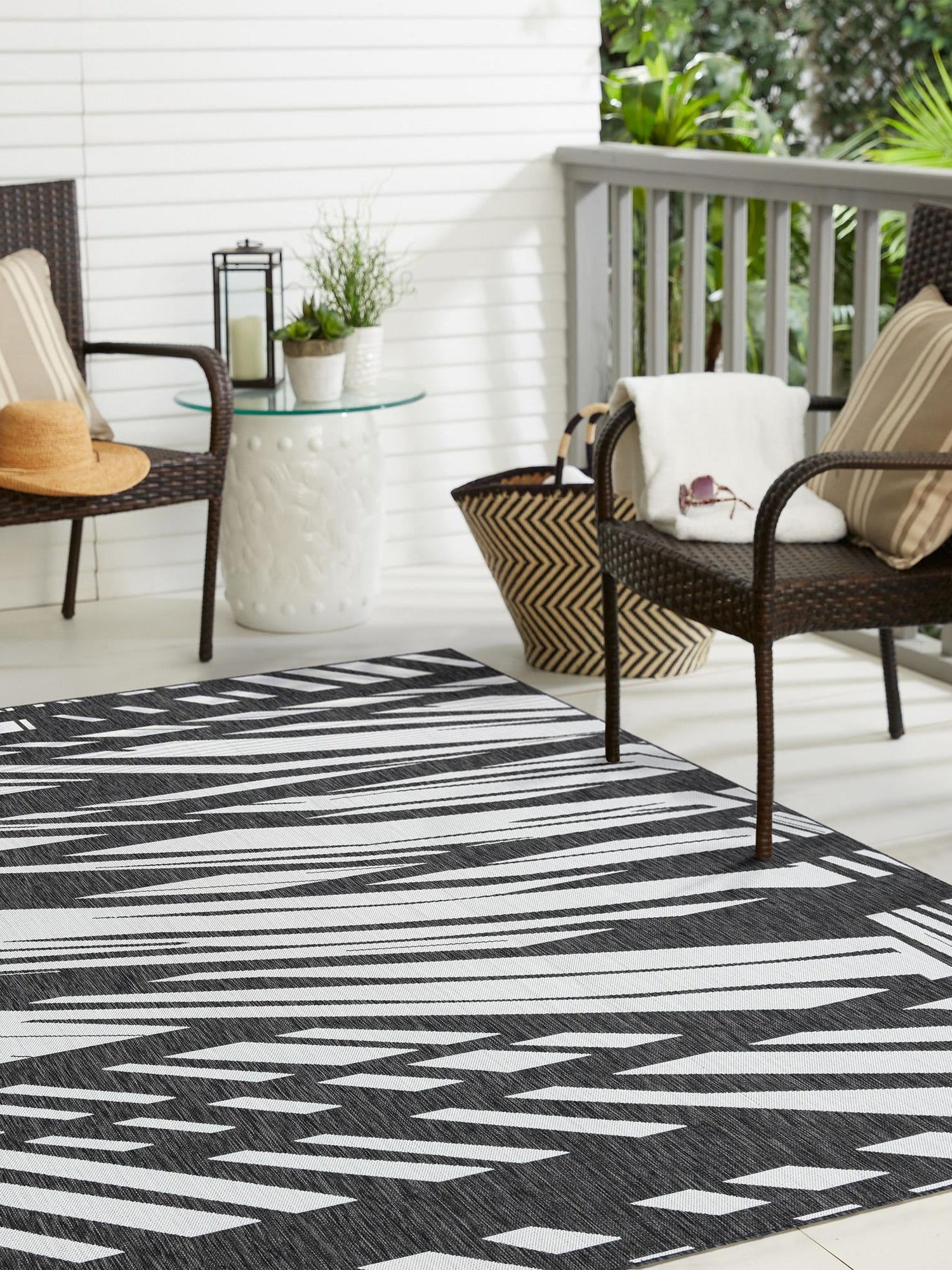 Black and White 10' x 10' Outdoor Modern Square Area Rug Weather Resistant for Patio, Deck, Terrace, Balcony, Porch 100% Polypropylene Modern Outside Carpet for Sale at Rug Engine