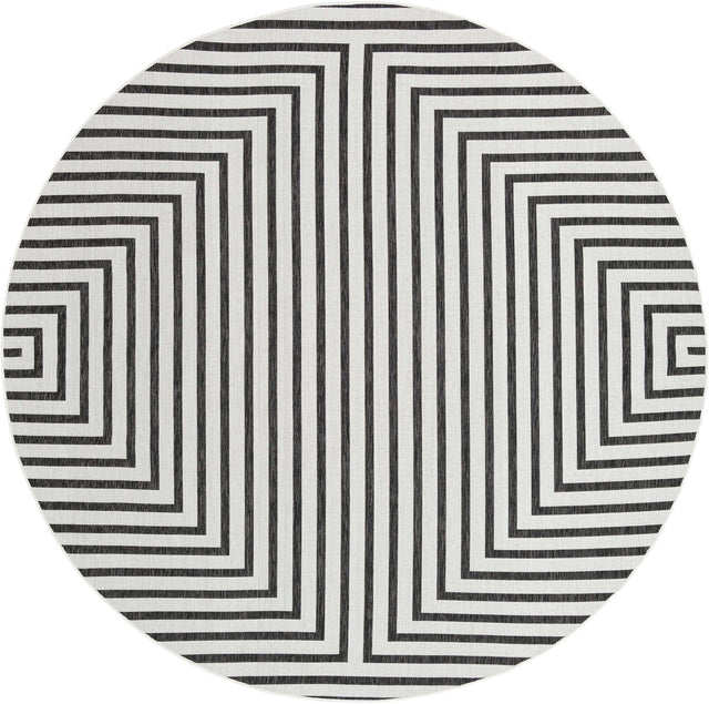 White and Black 10' x 10' Outdoor Modern Round Area Rug Weather Resistant for Patio, Deck, Terrace, Balcony, Porch 100% Polypropylene Modern Outside Carpet for Sale at Rug Engine