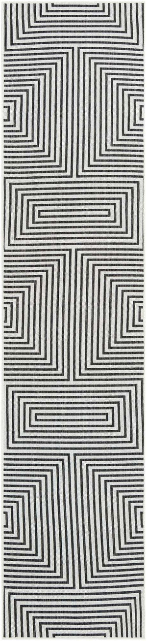 White and Black 2' 7 x 12' Outdoor Modern Runner Area Rug Weather Resistant for Patio, Deck, Terrace, Balcony, Porch 100% Polypropylene Modern Outside Carpet for Sale at Rug Engine