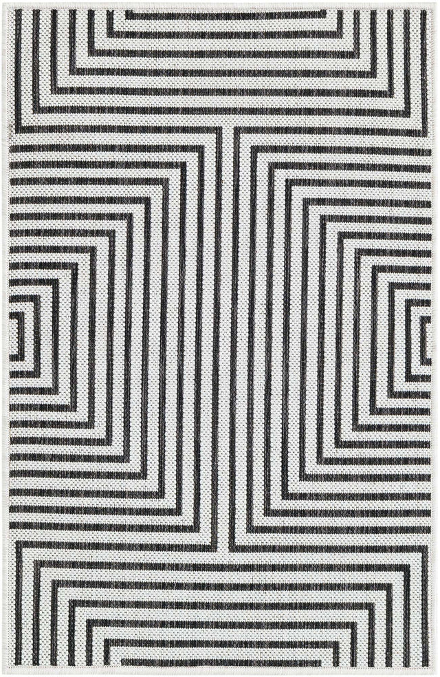 White and Black 2' x 3' 1 Outdoor Modern Rectangle Area Rug Weather Resistant for Patio, Deck, Terrace, Balcony, Porch 100% Polypropylene Modern Outside Carpet for Sale at Rug Engine