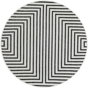 White and Black 4' 1 x 4' 1 Outdoor Modern Round Area Rug Weather Resistant for Patio, Deck, Terrace, Balcony, Porch 100% Polypropylene Modern Outside Carpet for Sale at Rug Engine
