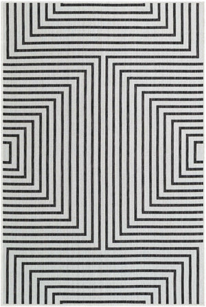 White and Black 4' 1 x 6' 1 Outdoor Modern Rectangle Area Rug Weather Resistant for Patio, Deck, Terrace, Balcony, Porch 100% Polypropylene Modern Outside Carpet for Sale at Rug Engine