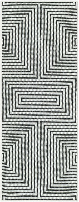 White and Black 2' x 5' 3 Outdoor Modern Runner Area Rug Weather Resistant for Patio, Deck, Terrace, Balcony, Porch 100% Polypropylene Modern Outside Carpet for Sale at Rug Engine