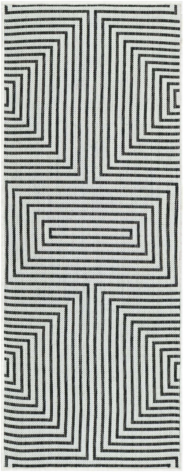 White and Black 2' x 5' 3 Outdoor Modern Runner Area Rug Weather Resistant for Patio, Deck, Terrace, Balcony, Porch 100% Polypropylene Modern Outside Carpet for Sale at Rug Engine