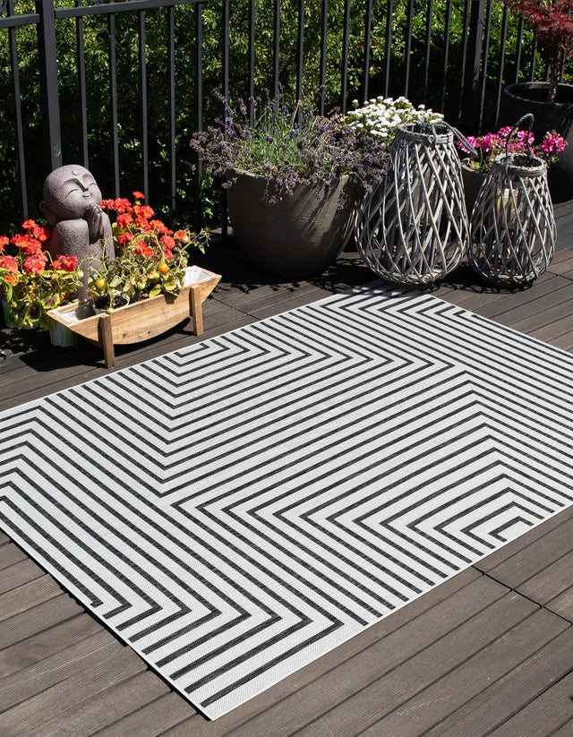 White and Black 5' 3 x 8' Outdoor Modern Rectangle Area Rug Weather Resistant for Patio, Deck, Terrace, Balcony, Porch 100% Polypropylene Modern Outside Carpet for Sale at Rug Engine