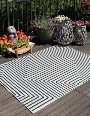White and Black 2' x 3' 1 Outdoor Modern Rectangle Area Rug Weather Resistant for Patio, Deck, Terrace, Balcony, Porch 100% Polypropylene Modern Outside Carpet for Sale at Rug Engine