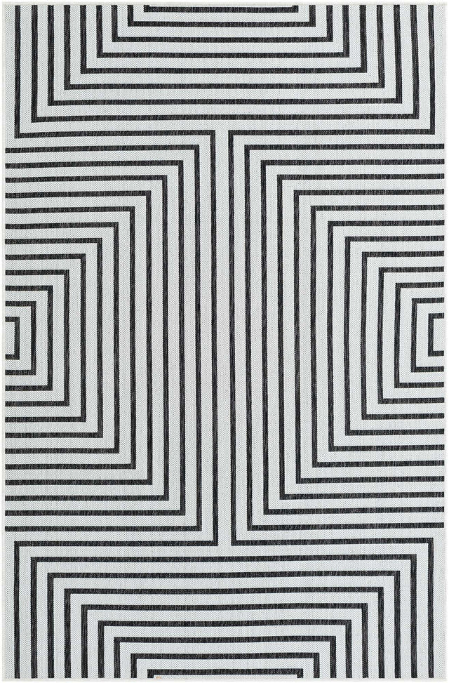 White and Black 5' 3 x 8' Outdoor Modern Rectangle Area Rug Weather Resistant for Patio, Deck, Terrace, Balcony, Porch 100% Polypropylene Modern Outside Carpet for Sale at Rug Engine