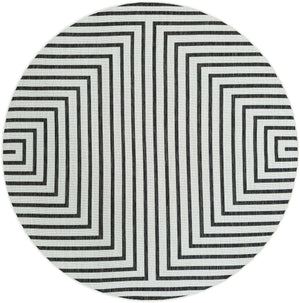 White and Black 6' 1 x 6' 1 Outdoor Modern Round Area Rug Weather Resistant for Patio, Deck, Terrace, Balcony, Porch 100% Polypropylene Modern Outside Carpet for Sale at Rug Engine