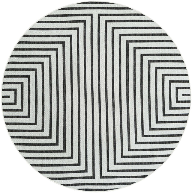 White and Black 6' 1 x 6' 1 Outdoor Modern Round Area Rug Weather Resistant for Patio, Deck, Terrace, Balcony, Porch 100% Polypropylene Modern Outside Carpet for Sale at Rug Engine
