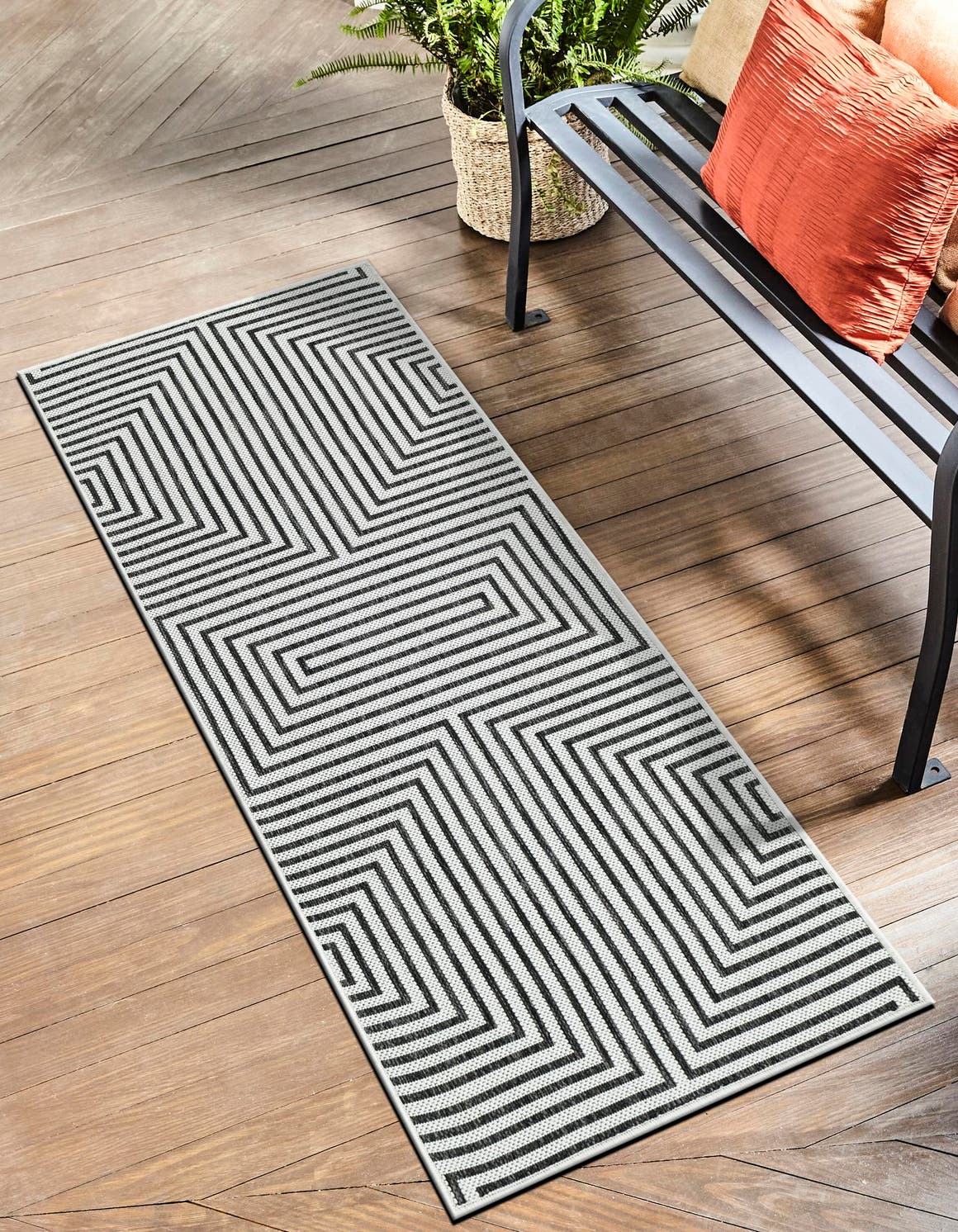 White and Black 2' x 5' 3 Outdoor Modern Runner Area Rug Weather Resistant for Patio, Deck, Terrace, Balcony, Porch 100% Polypropylene Modern Outside Carpet for Sale at Rug Engine