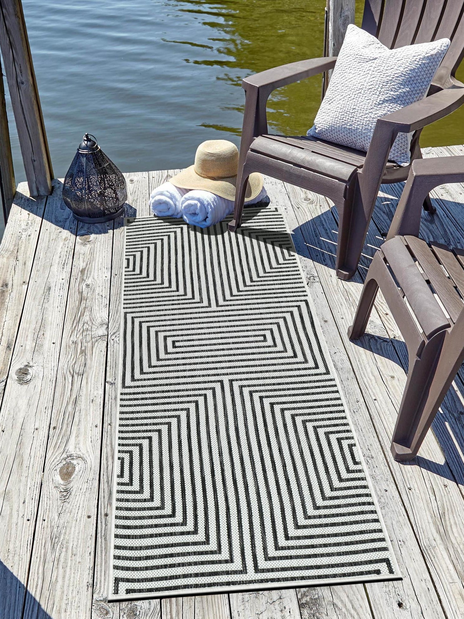 White and Black 2' x 5' 3 Outdoor Modern Runner Area Rug Weather Resistant for Patio, Deck, Terrace, Balcony, Porch 100% Polypropylene Modern Outside Carpet for Sale at Rug Engine