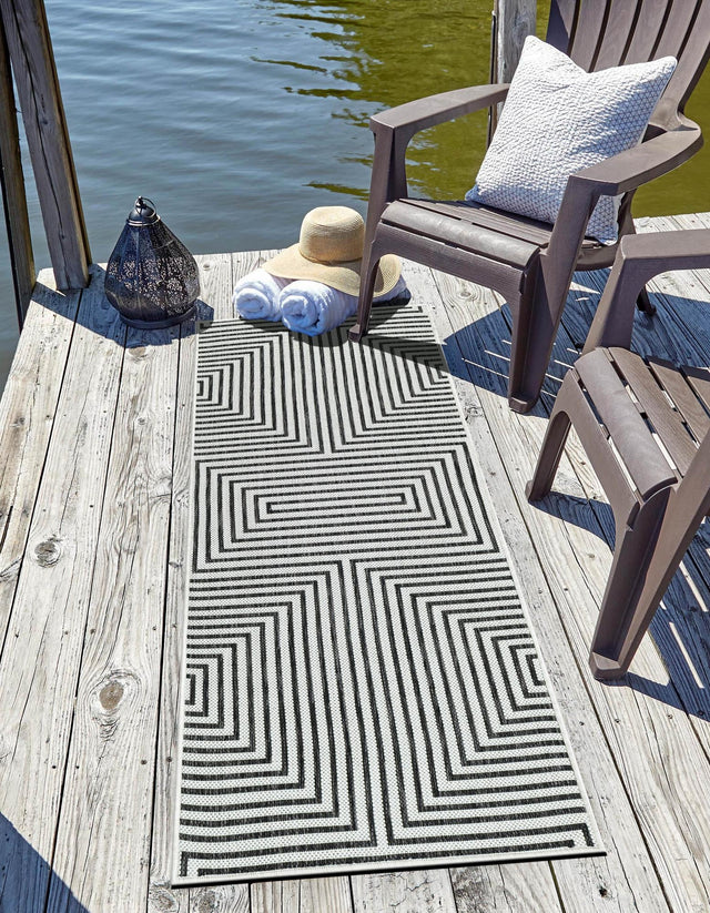 White and Black 2' x 5' 3 Outdoor Modern Runner Area Rug Weather Resistant for Patio, Deck, Terrace, Balcony, Porch 100% Polypropylene Modern Outside Carpet for Sale at Rug Engine