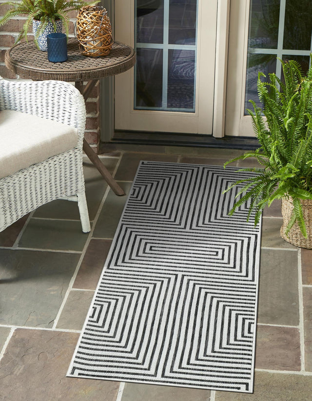White and Black 2' 7 x 12' Outdoor Modern Runner Area Rug Weather Resistant for Patio, Deck, Terrace, Balcony, Porch 100% Polypropylene Modern Outside Carpet for Sale at Rug Engine