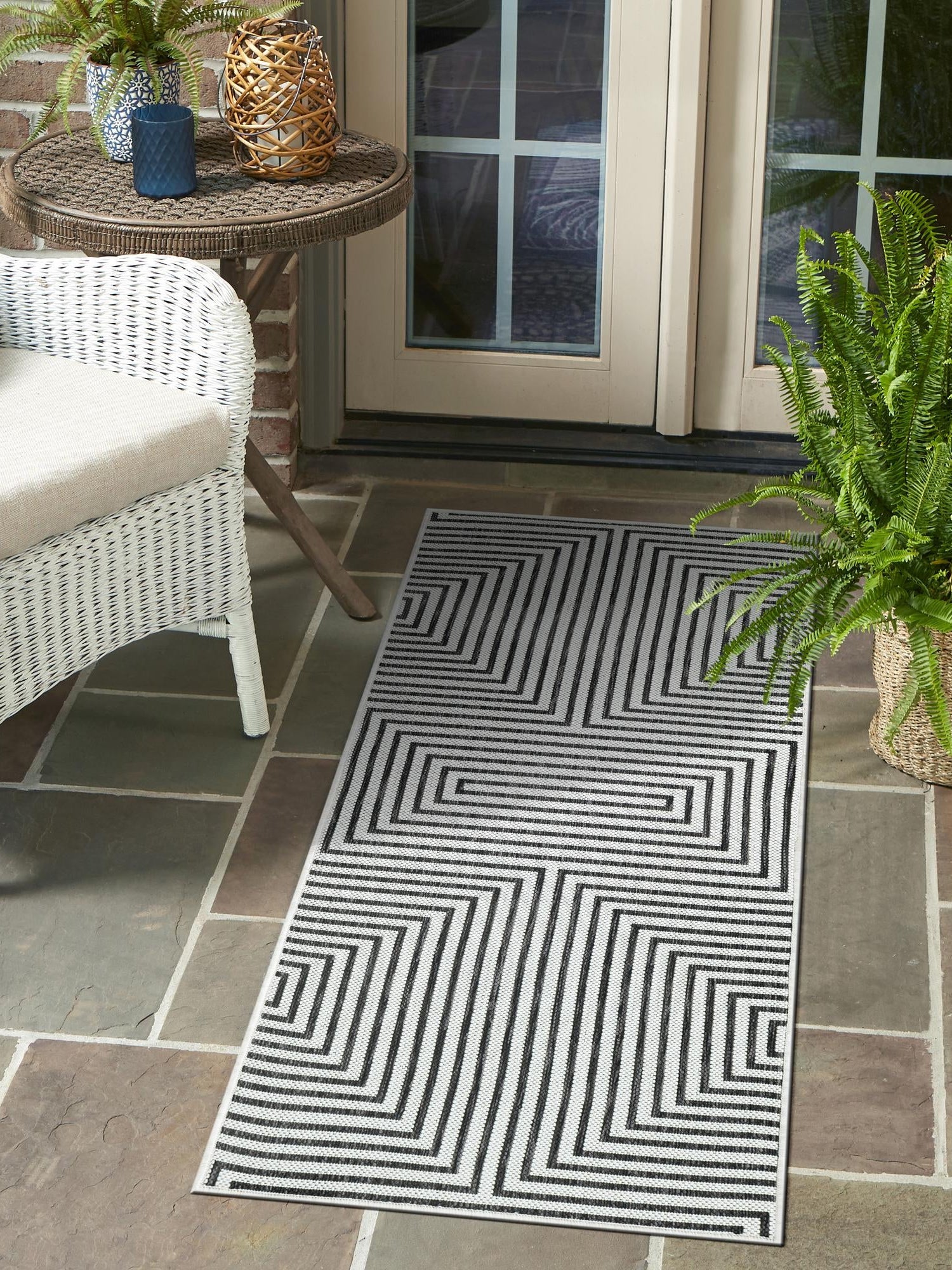 White and Black 2' x 6' 1 Outdoor Modern Runner Area Rug Weather Resistant for Patio, Deck, Terrace, Balcony, Porch 100% Polypropylene Modern Outside Carpet for Sale at Rug Engine
