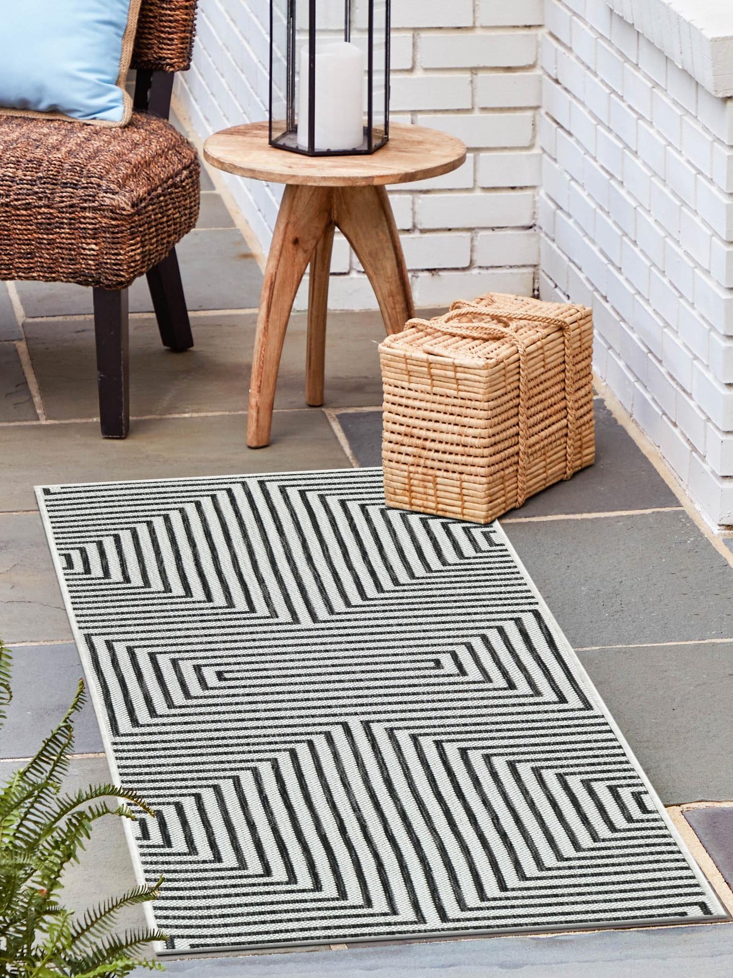 White and Black 2' x 6' 1 Outdoor Modern Runner Area Rug Weather Resistant for Patio, Deck, Terrace, Balcony, Porch 100% Polypropylene Modern Outside Carpet for Sale at Rug Engine