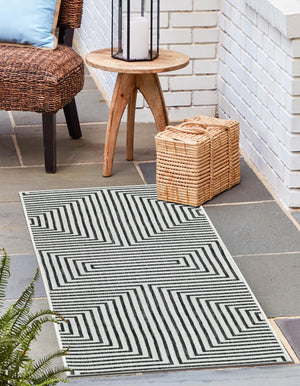 White and Black 2' x 5' 3 Outdoor Modern Runner Area Rug Weather Resistant for Patio, Deck, Terrace, Balcony, Porch 100% Polypropylene Modern Outside Carpet for Sale at Rug Engine
