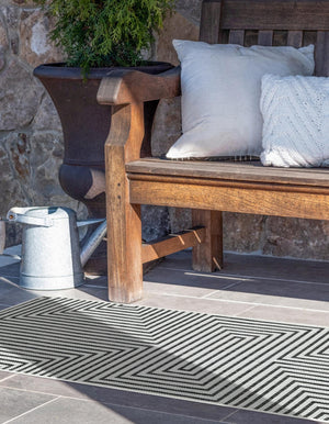 White and Black 2' x 5' 3 Outdoor Modern Runner Area Rug Weather Resistant for Patio, Deck, Terrace, Balcony, Porch 100% Polypropylene Modern Outside Carpet for Sale at Rug Engine