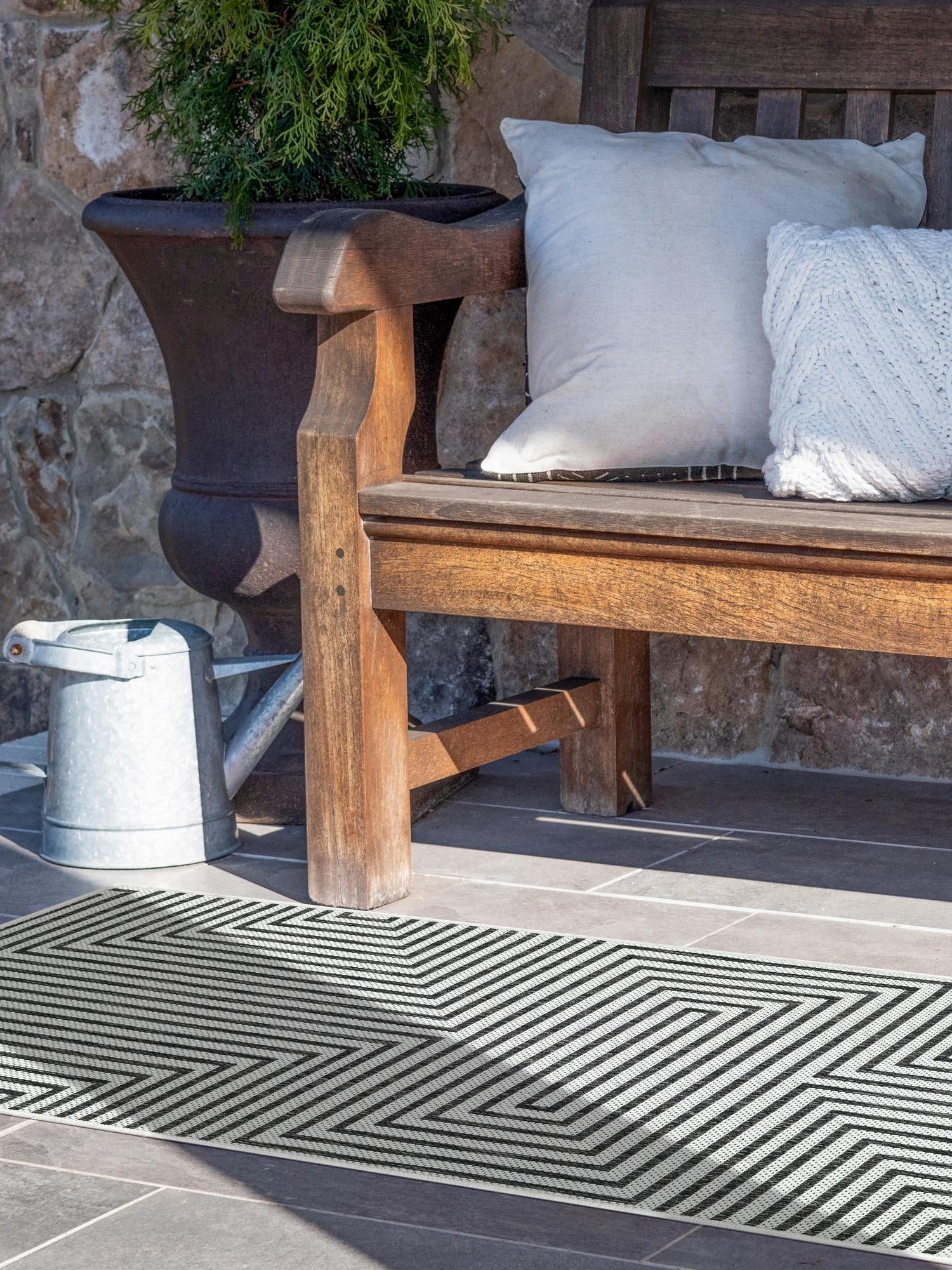 White and Black 2' 7 x 12' Outdoor Modern Runner Area Rug Weather Resistant for Patio, Deck, Terrace, Balcony, Porch 100% Polypropylene Modern Outside Carpet for Sale at Rug Engine