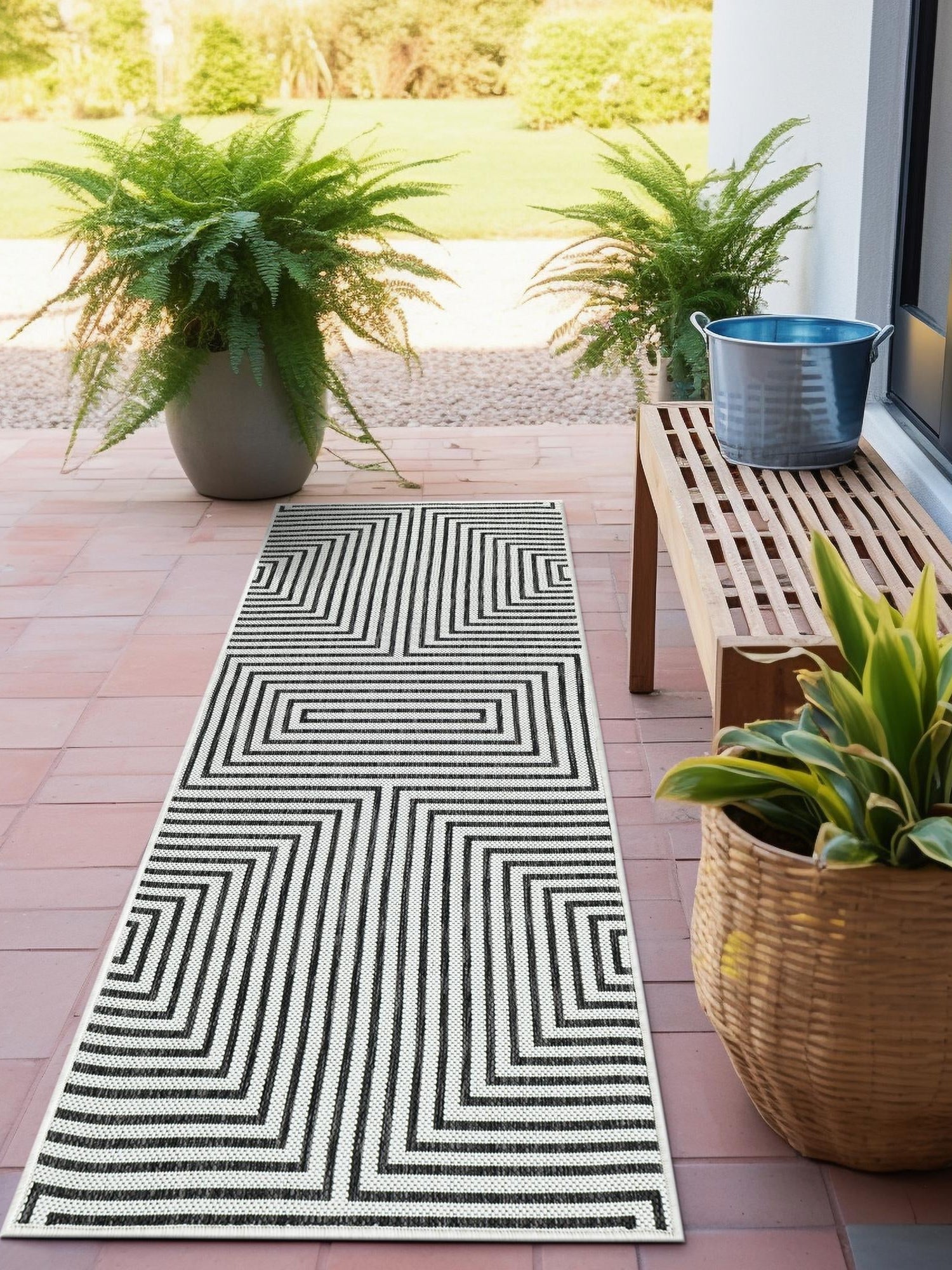 White and Black 2' x 5' 3 Outdoor Modern Runner Area Rug Weather Resistant for Patio, Deck, Terrace, Balcony, Porch 100% Polypropylene Modern Outside Carpet for Sale at Rug Engine