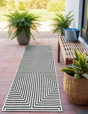 White and Black 2' 7 x 12' Outdoor Modern Runner Area Rug Weather Resistant for Patio, Deck, Terrace, Balcony, Porch 100% Polypropylene Modern Outside Carpet for Sale at Rug Engine