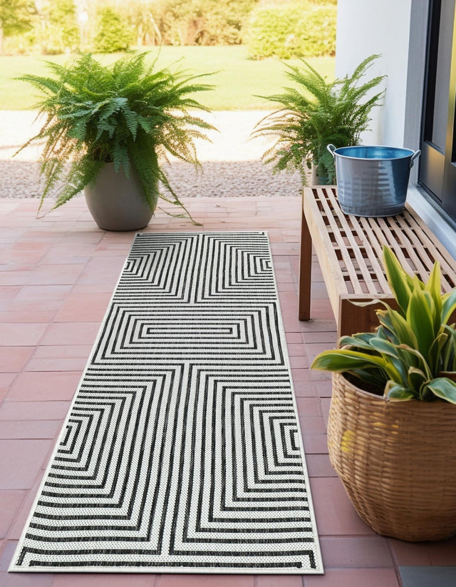 White and Black 2' x 6' 1 Outdoor Modern Runner Area Rug Weather Resistant for Patio, Deck, Terrace, Balcony, Porch 100% Polypropylene Modern Outside Carpet for Sale at Rug Engine