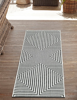 White and Black 2' 7 x 12' Outdoor Modern Runner Area Rug Weather Resistant for Patio, Deck, Terrace, Balcony, Porch 100% Polypropylene Modern Outside Carpet for Sale at Rug Engine