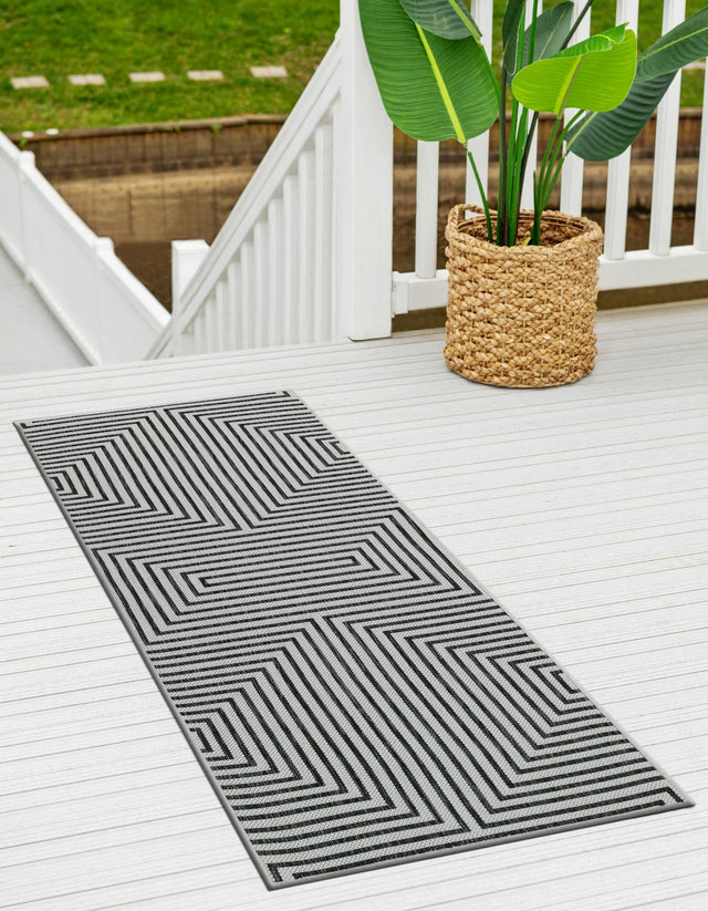 White and Black 2' x 8' Outdoor Modern Runner Rug
