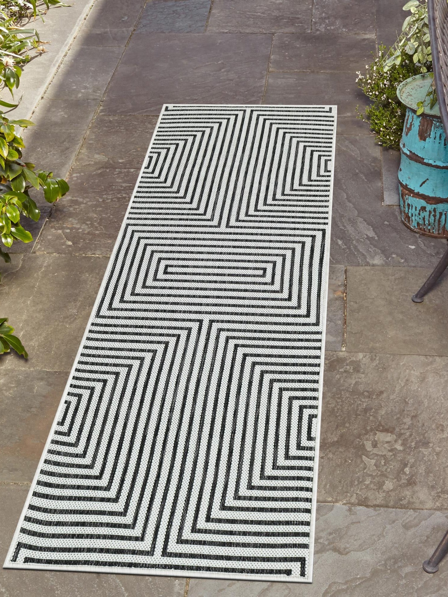 White and Black 2' x 6' 1 Outdoor Modern Runner Area Rug Weather Resistant for Patio, Deck, Terrace, Balcony, Porch 100% Polypropylene Modern Outside Carpet for Sale at Rug Engine