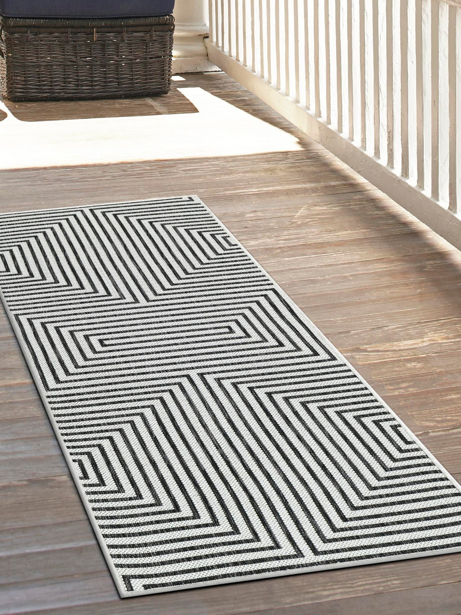 White and Black 2' 7 x 12' Outdoor Modern Runner Area Rug Weather Resistant for Patio, Deck, Terrace, Balcony, Porch 100% Polypropylene Modern Outside Carpet for Sale at Rug Engine