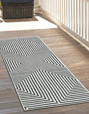 White and Black 2' 7 x 12' Outdoor Modern Runner Area Rug Weather Resistant for Patio, Deck, Terrace, Balcony, Porch 100% Polypropylene Modern Outside Carpet for Sale at Rug Engine