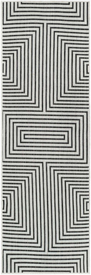 White and Black 2' x 6' 1 Outdoor Modern Runner Area Rug Weather Resistant for Patio, Deck, Terrace, Balcony, Porch 100% Polypropylene Modern Outside Carpet for Sale at Rug Engine