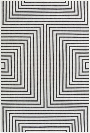 White and Black 6' 1 x 9' Outdoor Modern Rectangle Area Rug Weather Resistant for Patio, Deck, Terrace, Balcony, Porch 100% Polypropylene Modern Outside Carpet for Sale at Rug Engine