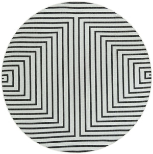 White and Black 7' 10 x 7' 10 Outdoor Modern Round Area Rug Weather Resistant for Patio, Deck, Terrace, Balcony, Porch 100% Polypropylene Modern Outside Carpet for Sale at Rug Engine