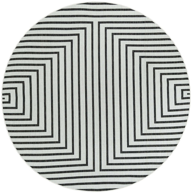 White and Black 7' 10 x 7' 10 Outdoor Modern Round Area Rug Weather Resistant for Patio, Deck, Terrace, Balcony, Porch 100% Polypropylene Modern Outside Carpet for Sale at Rug Engine