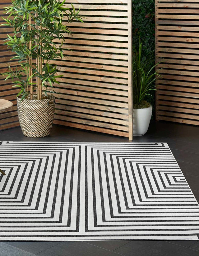 White and Black 7' 10 x 7' 10 Outdoor Modern Square Area Rug Weather Resistant for Patio, Deck, Terrace, Balcony, Porch 100% Polypropylene Modern Outside Carpet for Sale at Rug Engine