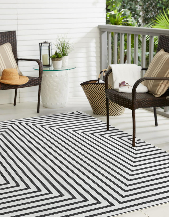White and Black 12' x 12' Outdoor Modern Square Area Rug Weather Resistant for Patio, Deck, Terrace, Balcony, Porch 100% Polypropylene Modern Outside Carpet for Sale at Rug Engine