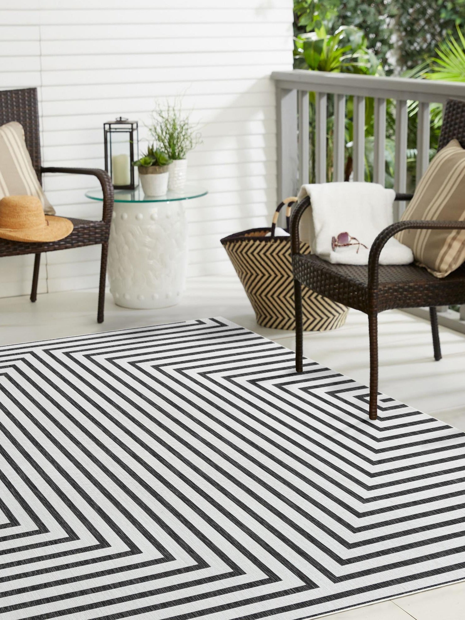 White and Black 10' x 10' Outdoor Modern Square Area Rug Weather Resistant for Patio, Deck, Terrace, Balcony, Porch 100% Polypropylene Modern Outside Carpet for Sale at Rug Engine