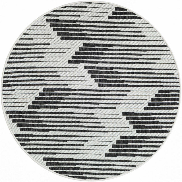 Black and White 4' 1 x 4' 1 Outdoor Modern Round Area Rug Weather Resistant for Patio, Deck, Terrace, Balcony, Porch 100% Polypropylene Modern Outside Carpet for Sale at Rug Engine