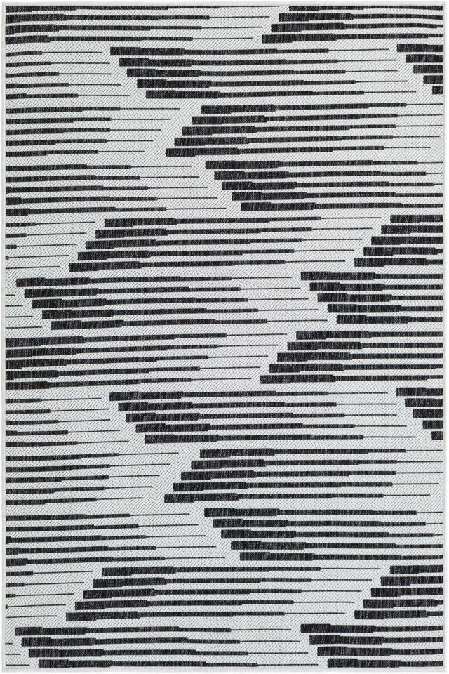 Black and White 4' 1 x 6' 1 Outdoor Modern Rectangle Area Rug Weather Resistant for Patio, Deck, Terrace, Balcony, Porch 100% Polypropylene Modern Outside Carpet for Sale at Rug Engine